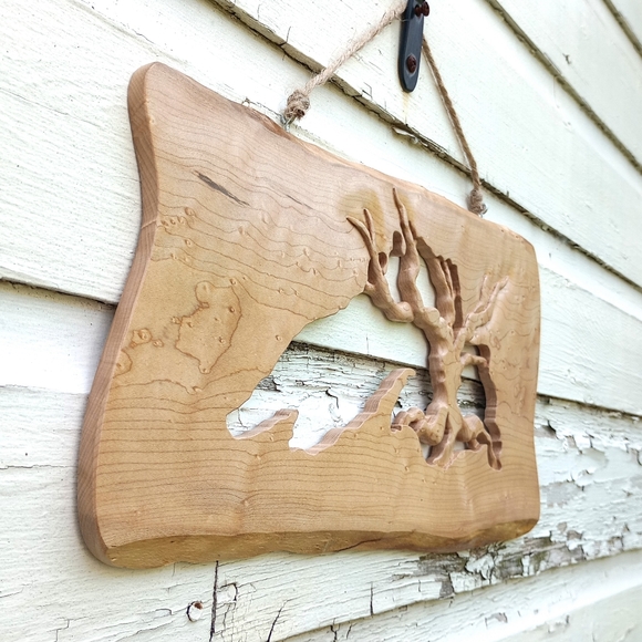 Hand Carved Wood Lake Superior Wall Hanging with Tree - Picture 5 of 6